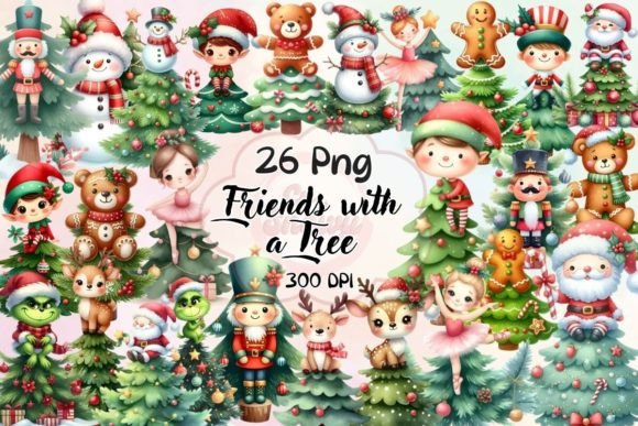 Christmas Friends Tree Clipart Illustrations