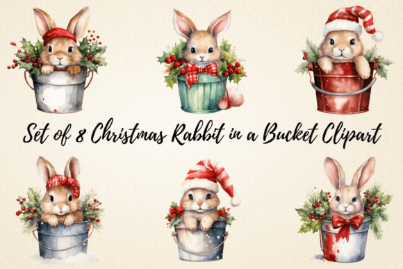 Christmas Rabbit in a Bucket Clipart: Illustrations for Crafters