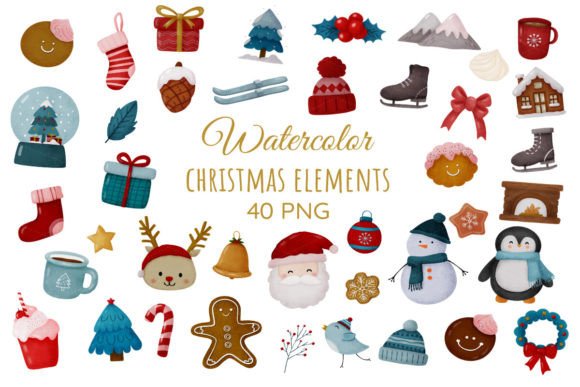 Cute Christmas Watercolor PNG Illustrations