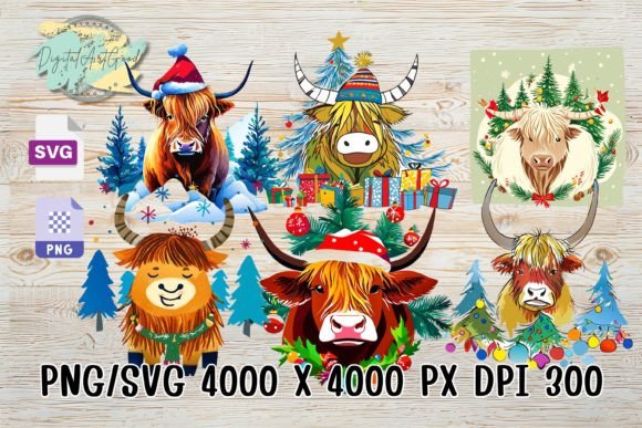 Cute Highland Cows Christmas Drawing SVG Illustrations