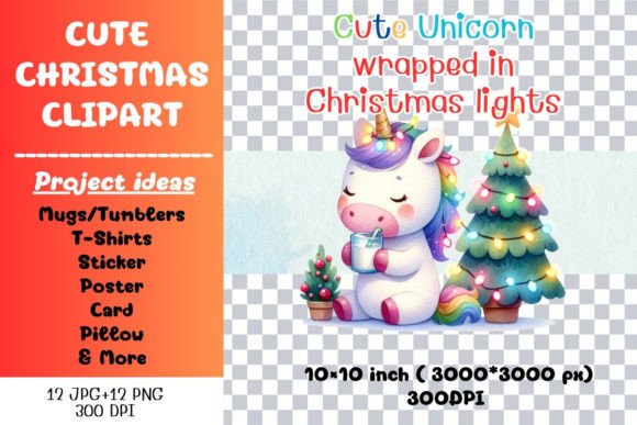 Cute Unicorn Wrapped in Christmas Lights: Festive Illustrations