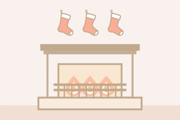 Fireplace with Fire and Christmas Socks Illustrations
