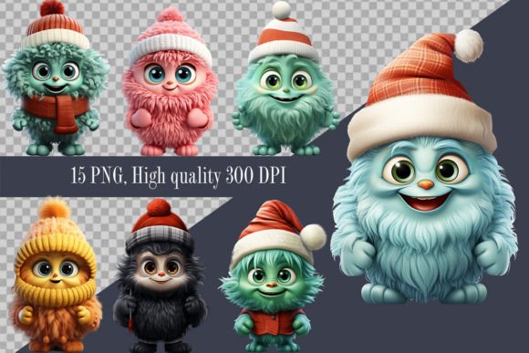 Fluffy Christmas Monster Clipart: Festive Illustrations