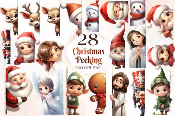 Funny Christmas Peeking Around Corner Illustrations