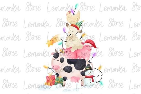 Funny Christmas Tree Farm Animals PNG Illustrations