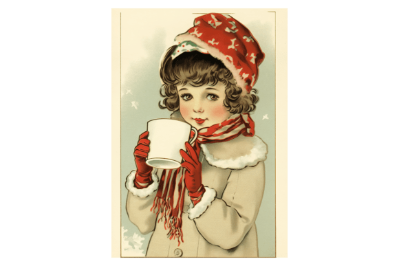 Girl Drinking Hot Cocoa Christmas Card Illustrations
