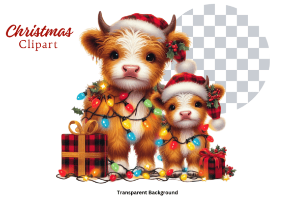 Highland Cow Christmas Lights Clipart: Festive Illustrations