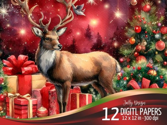 Reindeer Christmas Watercolor Background & Illustrations