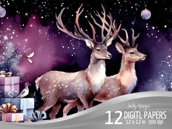 Reindeers at Christmas Purple Background Illustrations