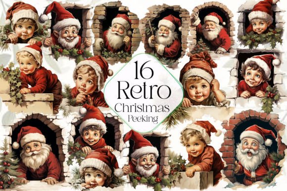 Retro Christmas Peeking Clipart for Illustrations