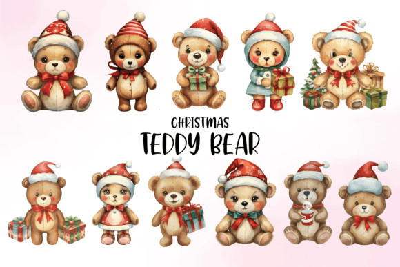 Watercolor Christmas Teddy Bear Clipart Illustrations