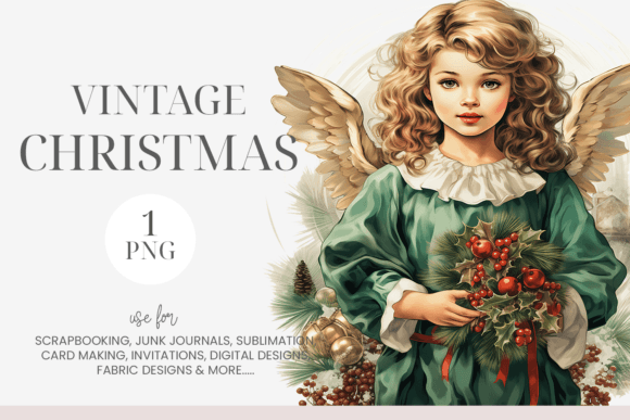 Watercolor Vintage Christmas Angel PNG Illustrations