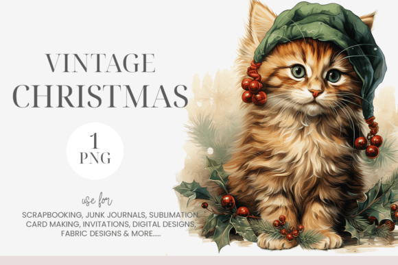 Watercolor Vintage Christmas Cat Clipart Review