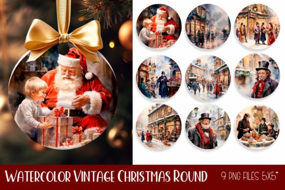 Watercolor Vintage Christmas Round Illustrations